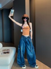 大码美式高街阔腿弯刀牛仔裤女设计感宽松垂感显瘦高腰休闲拖地裤