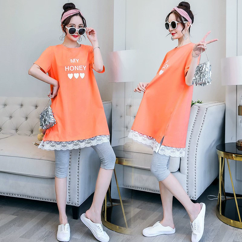 Летний Топ для беременных Летняя кружевная свободная футболка с короткими рукавами, средней длины, 2023, новый стиль, повседневная одежда