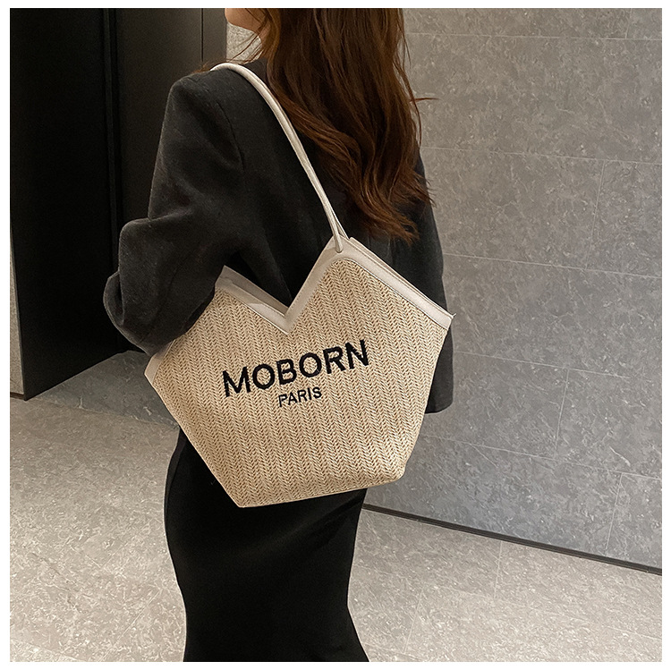 Women's Straw Letter Solid Color Fashion Weave Square Zipper Tote Bag display picture 2