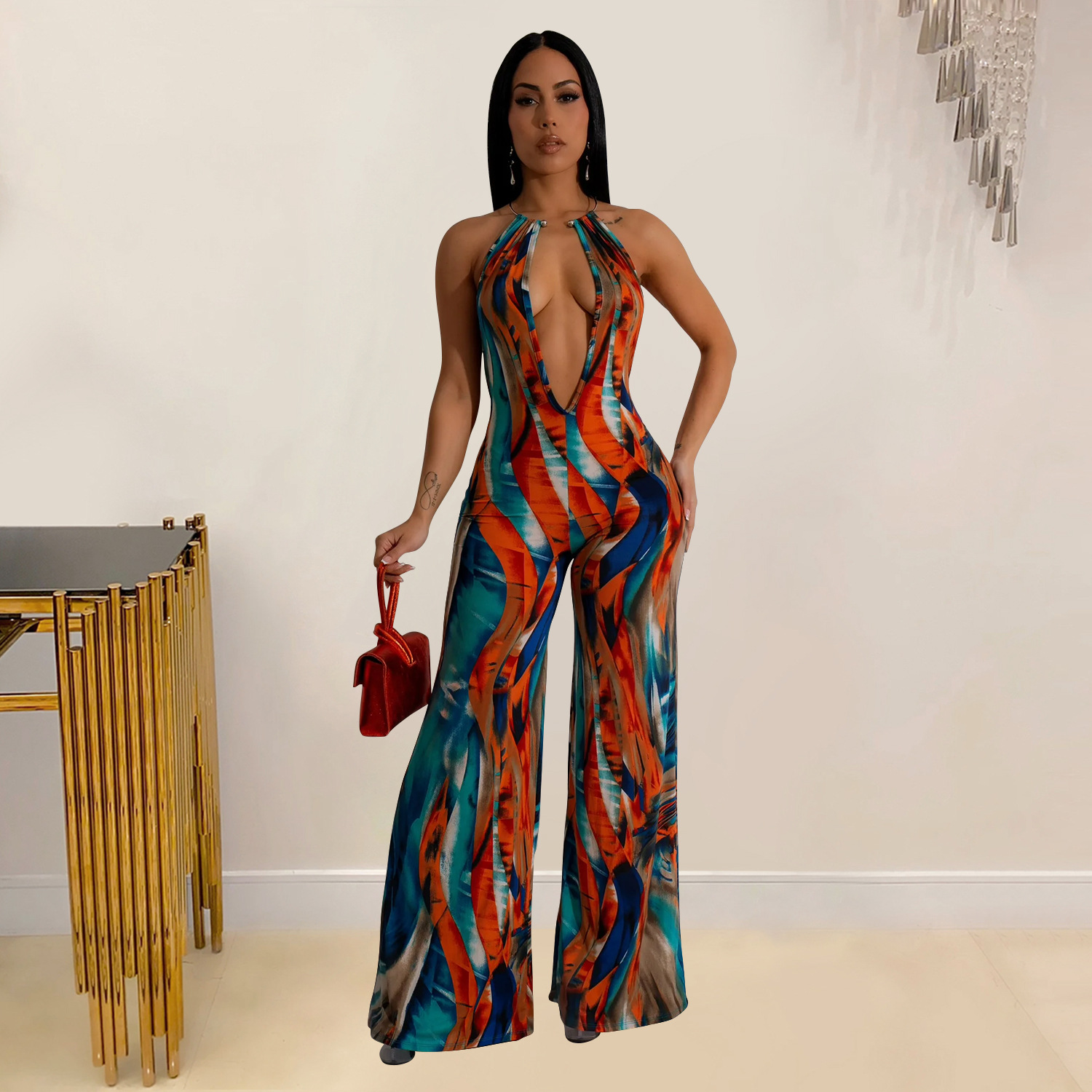 C6930 Aliexpress transfronterizo Amazon Europa y América de moda impresión de ropa de mujer sin mangas profunda V color combinación de pantalones largos image 4