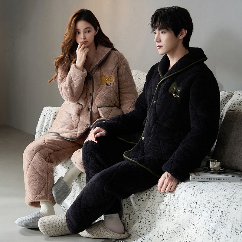 Tres capas gruesas de algodón acolchado pareja pijama de coral vello de invierno para hombres y mujeres ropa doméstica de algodón chaqueta se puede usar fuera