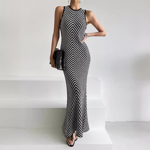 Korean Chic Summer High-End Striped Color Block Collarless Bodycon Knit Dress
