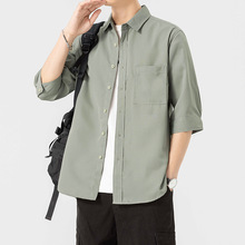 春秋款男士衬衫七分袖宽松休闲时尚百搭翻领中袖青年百搭开衫外套