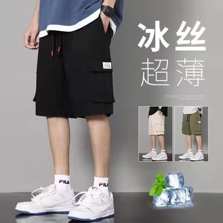 Men's work shorts, summer 2026 new style, loose fit, large size, for junior high school students and teenagers, summer ice silk knee-length pants