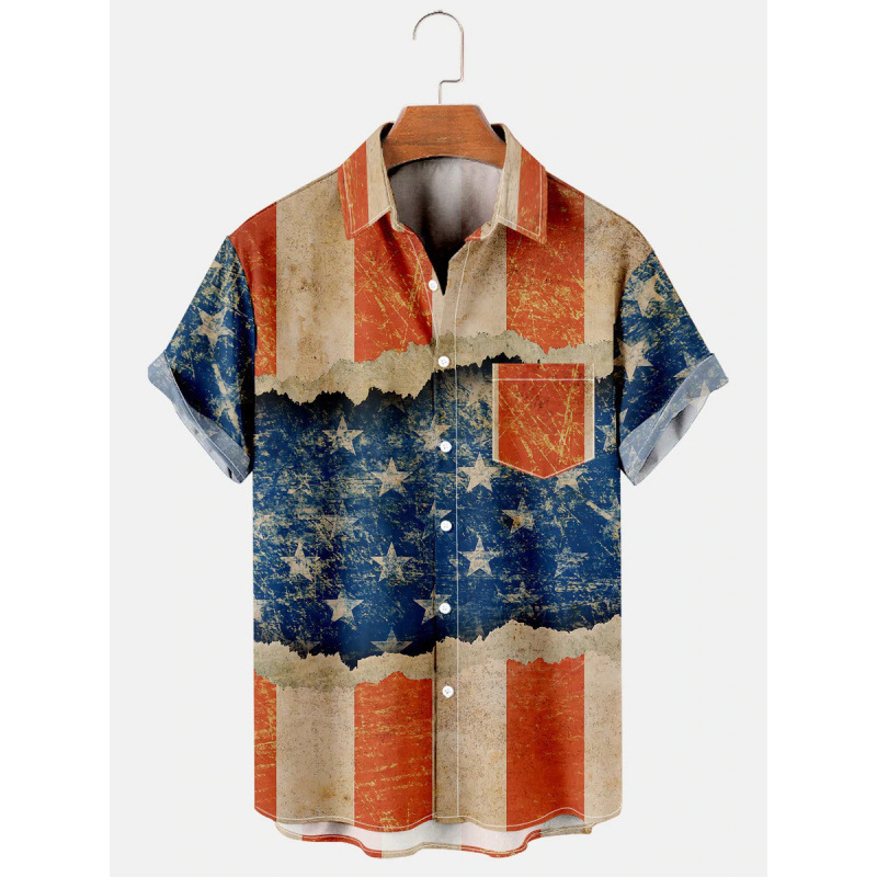 Cross-Border Summer Short-Sleeved Men's Hawaiian American Flag Print Shirt with Retro Design