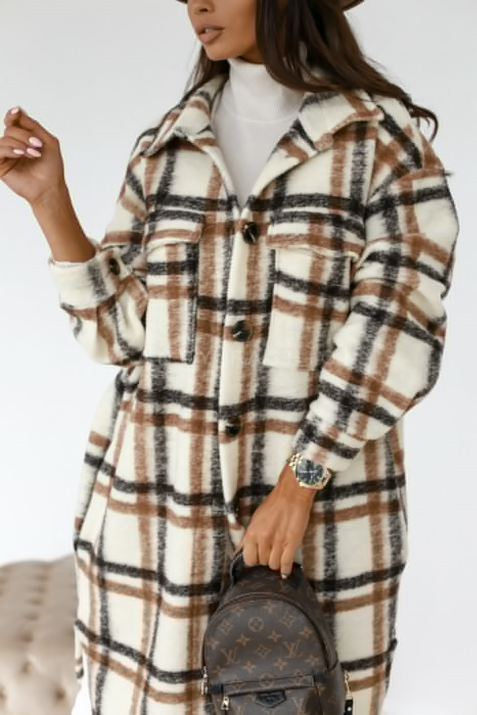 Autumn And Winter Long Sleeved Button Lapel Leisure Plaid Long Wool Coat