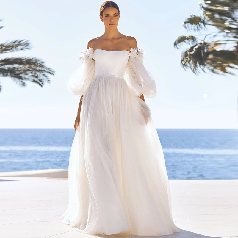 New French Style Mori Style Bride's Wedding Dress Lantern Sleeve Off-shoulder Backless High Waist Slimming Pregnant Women's Wedding Dress New French Style Mori Style Bride's Wedding Dress Lantern Sleeve Off-shoulder Backless High Waist Slimming Pregnant Women's Wedding Dress