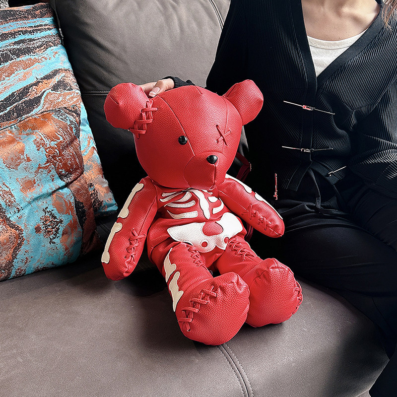 Big Bear Plush Backpack for Women 2026 New Korean Style Fashionable Skull Bear Bag Pu Leather Cartoon Doll Bag