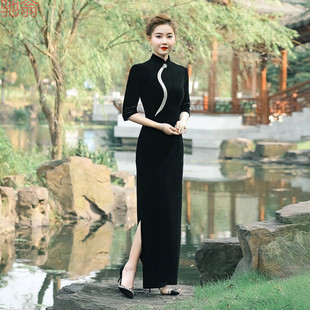 F6B黑色長款旗袍2024年新款高擋優雅大碼顯瘦晚禮服春季婚宴禮服