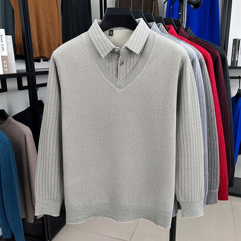 Falsos dos suéteres de hombre camisa de cuello camisa de invierno juvenil de mediana edad con camisa de punto de hombre de terciopelo más grueso