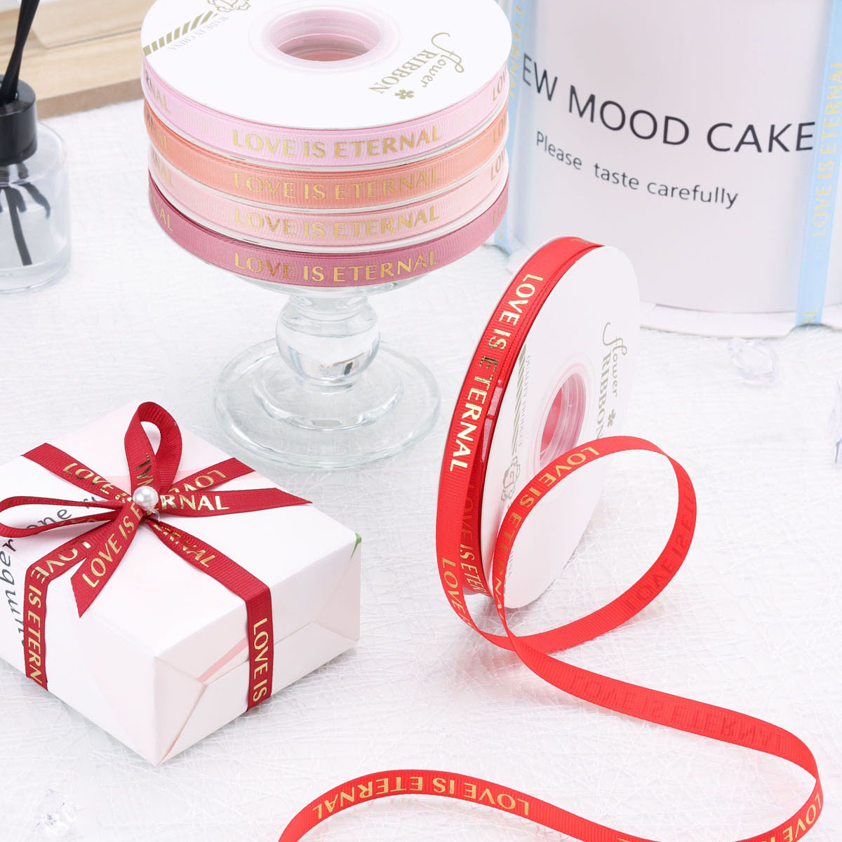 1CM 청동 갈비 꽃 포장 리본 영어 편지 인쇄 벨트 베이킹 케이크 상자 디저트 포장 리본