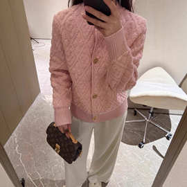 高端驴家25秋冬新品粉色甜美加厚经典提花慵懒风休闲长袖针织开衫