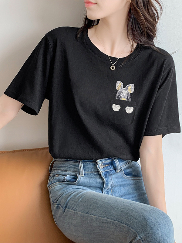 Áo thun nữ cổ tròn tay ngắn họa tiết thêu thỏ dễ thương form rộng — đen