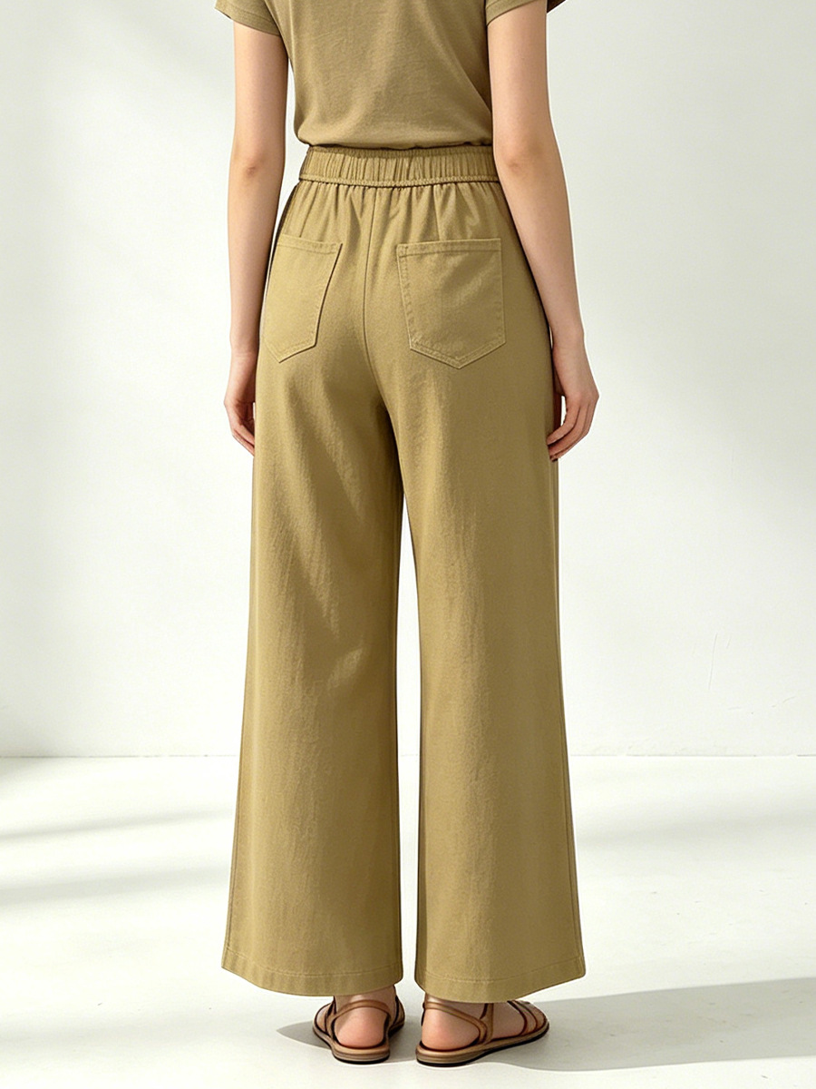 Quần culottes nữ ống rộng cạp cao vải lanh phối sợi tencel dáng suông ống thẳng — màu kaki