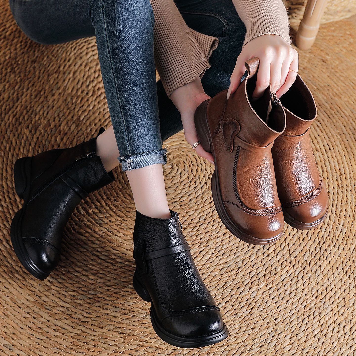 First-Layer Cowhide Thick-Soled Retro Ethnic Style Round-Toe Short Boots, Versatile Boots, Women's Boots, Winter Genuine Leather Mom's Shoes