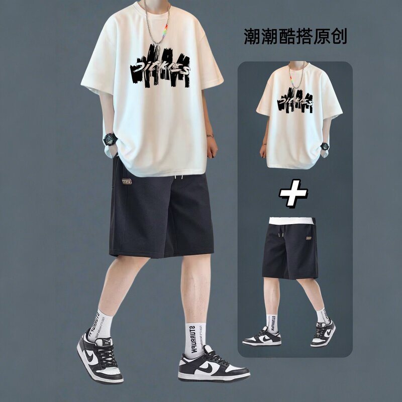 Pure cotton short-sleeve T-shirt boys' set for high school students, summer youth men's casual sports outfit with shorts, trendy Pure cotton short-sleeve T-shirt boys' set for high school students, summer youth men's casual sports outfit with shorts, trendy