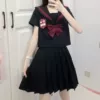 Three short-sleeved black tops + black skirt 42cm + free bow tie