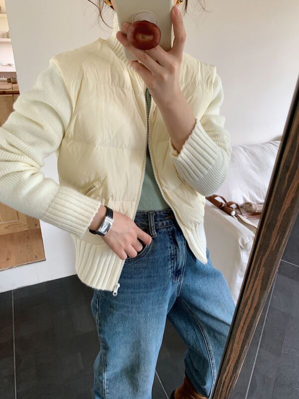 90白鸭绒轻薄高级感新款针织拼接羽绒服女短款修身显瘦小个子外套|undefined