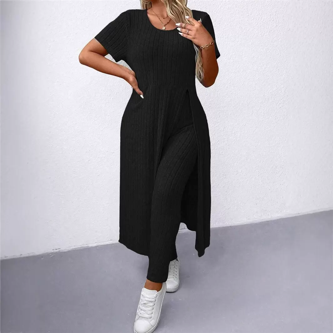 2025春秋季爆卖新款欧美跨境时尚休闲短袖开衩长裙裤子套装