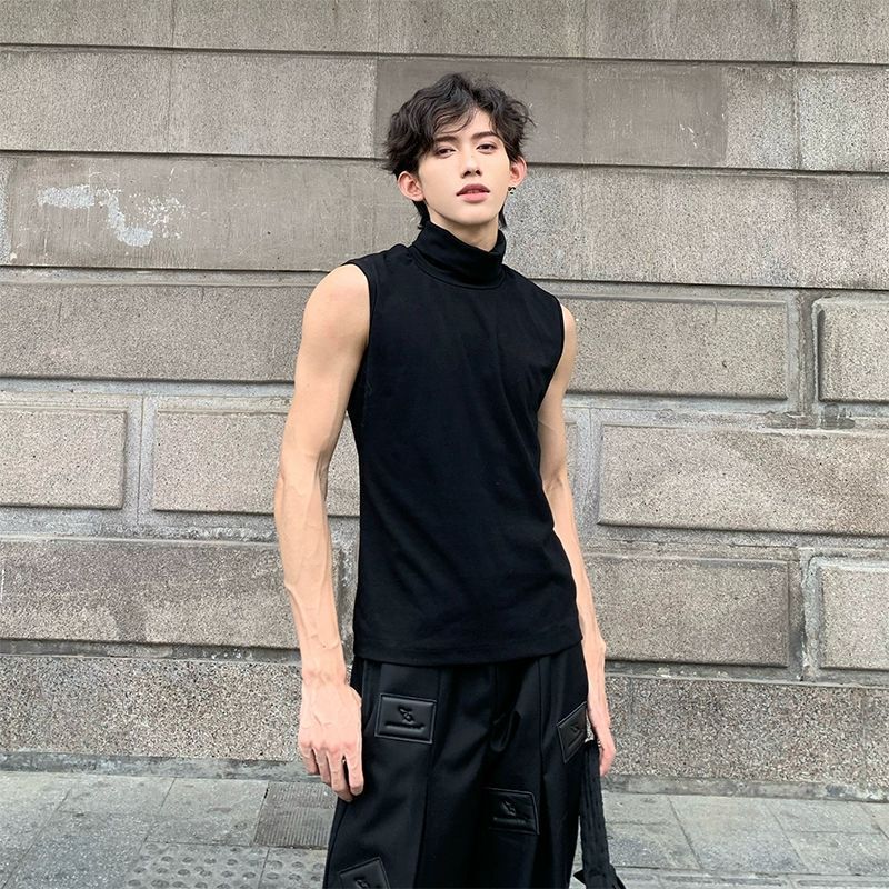 Summer High Street Cleanfit High Collar Slim Sleeveless Vest Sports Casual High Collar Ice Silk Speed Men's T-Shirt