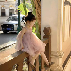 Little Girls' Summer Vacation Style Dress with Pink Ribbon and Bow, Fluffy Net Princess Dress 2024