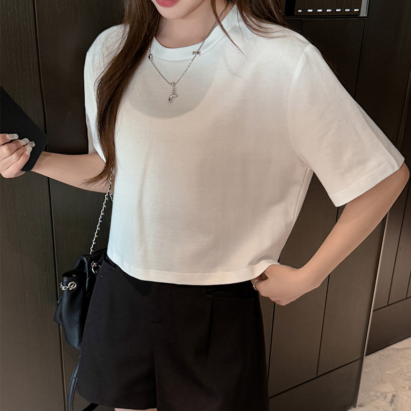 화이트 크루 넥 베이직 코튼 사이드 슬릿 숄더 하프 슬리브 티셔츠 여성용 루즈 게으른 스타일 쇼트 탑의 엄격한 선택