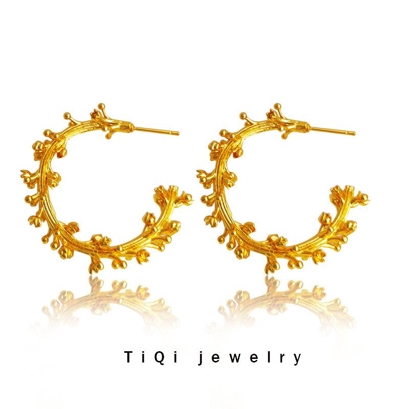 铜镀真金韩国个性设计感耳钉复古时尚耳环创意简约C字耳饰女T566