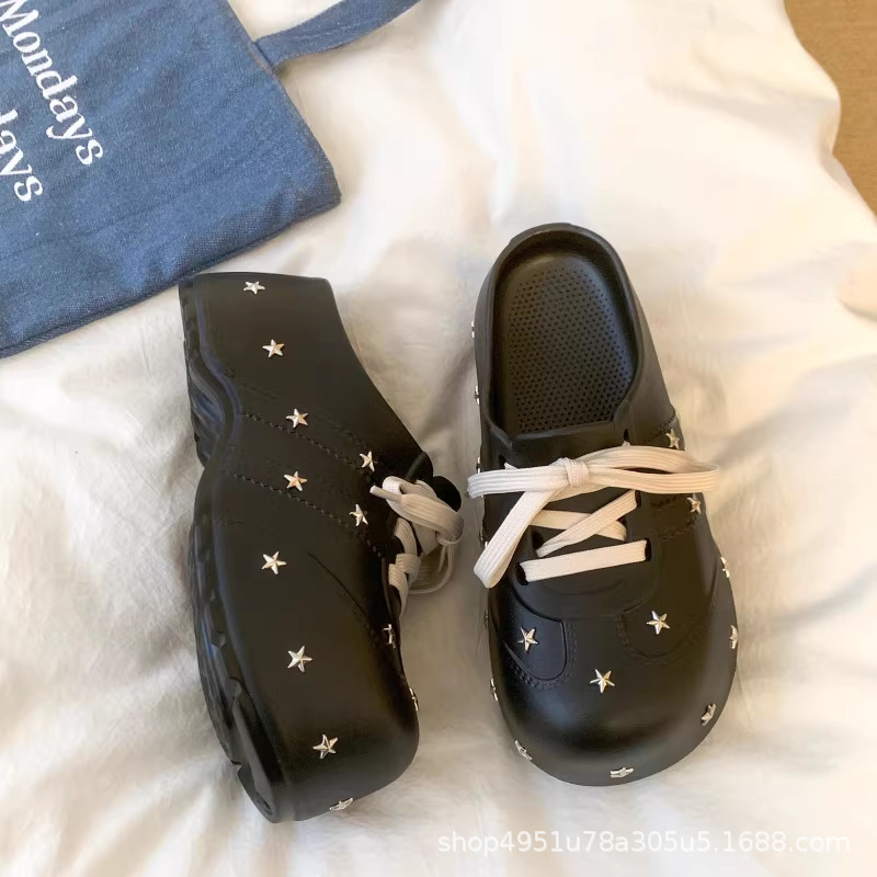 Ins-Style Black Star-Studded Closed-Toe Mules for Women, Summer Outdoor Slip-On Beach Clogs