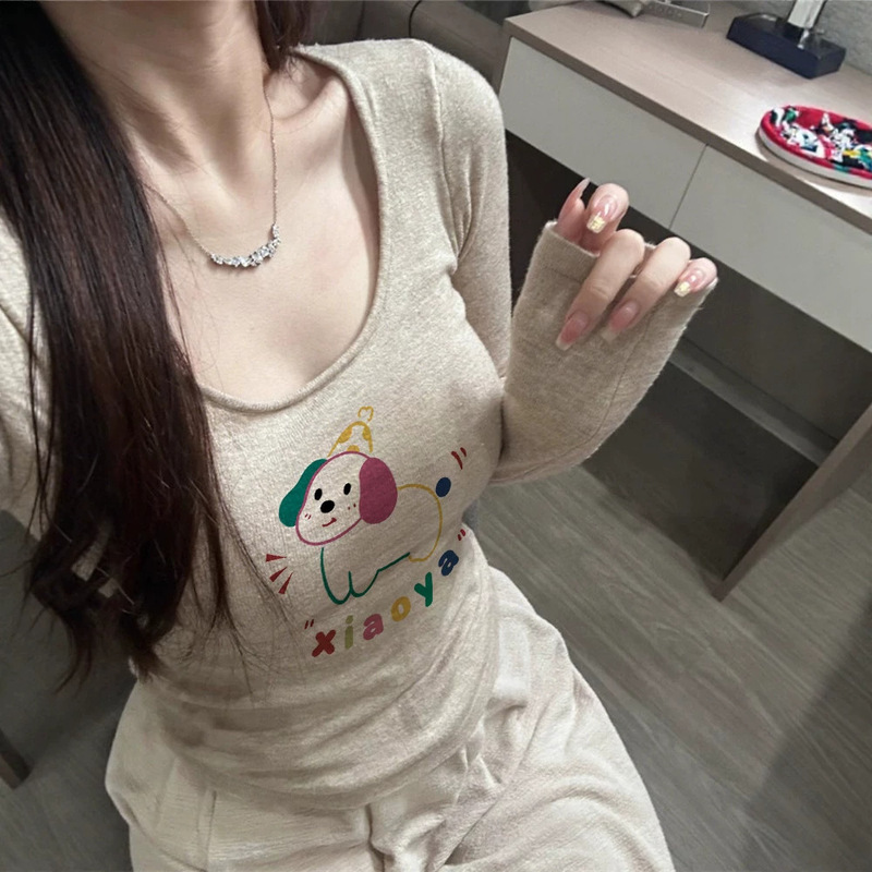Women's line-drawing puppy print base layer top, uniquely designed, thickened fleece, slim-fit, short-length, long-sleeve t-shirt Women's line-drawing puppy print base layer top, uniquely designed, thickened fleece, slim-fit, short-length, long-sleeve t-shirt