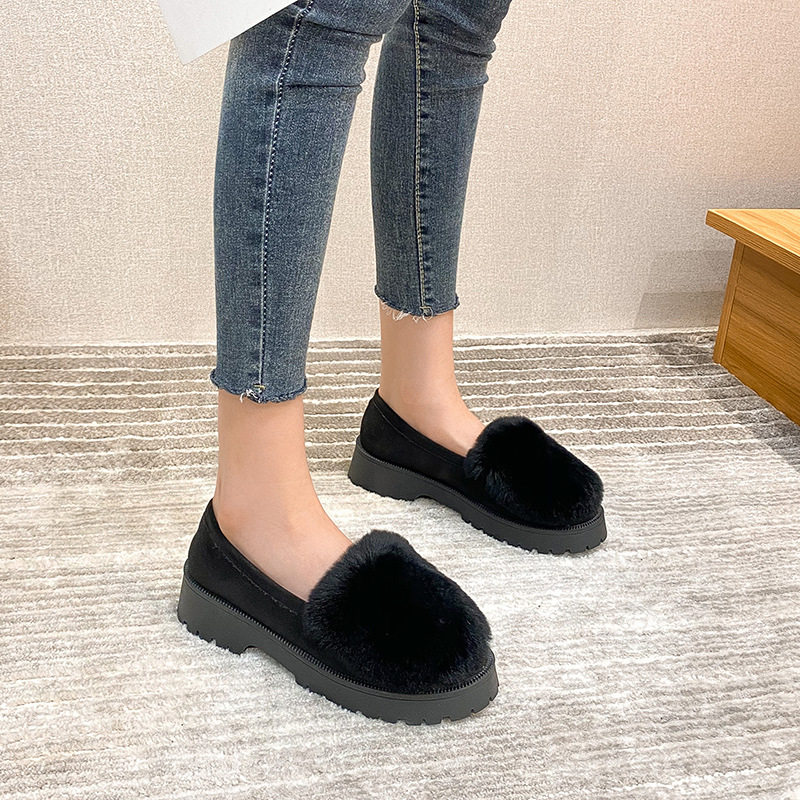 Giày lười nữ đế dày lót lông giữ ấm, giày bông mũi tròn gót 3-5 cm — Màu xám, Màu đen