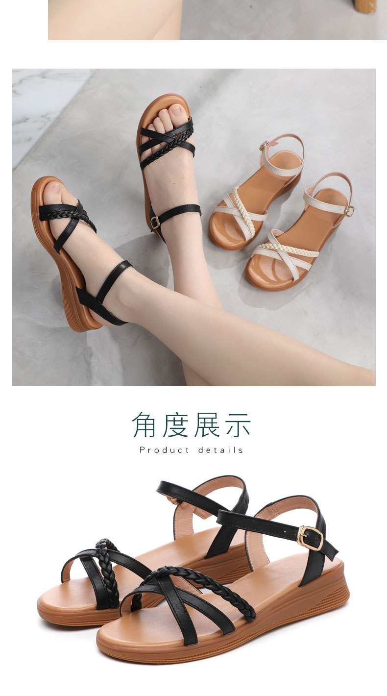 Xăng đan nữ quai ngang đế bằng da thật mùa hè — Màu đen chi tiết 18