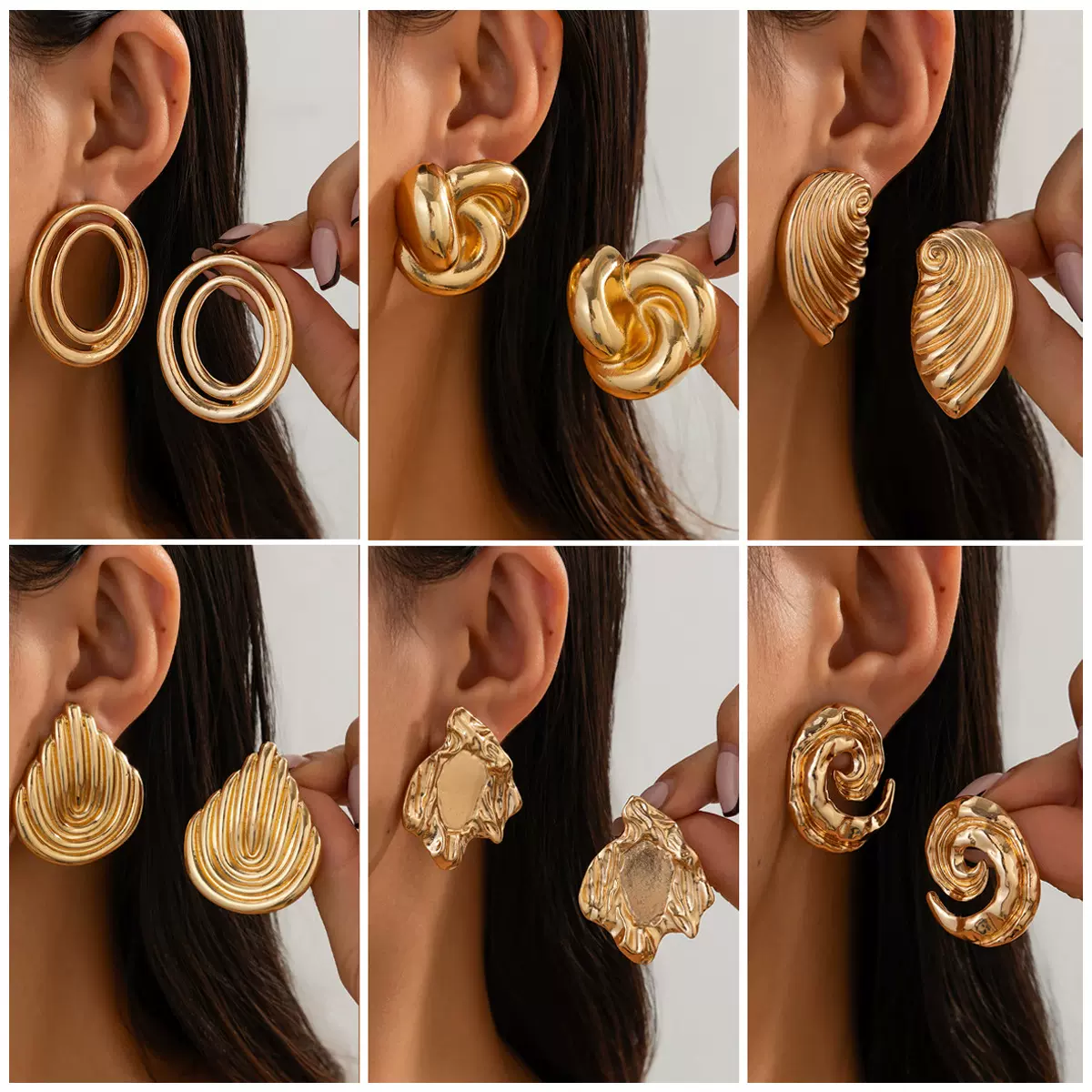 欧美跨境饰品 时尚感镂空双圆环合金耳钉 简约不规则Earring套装