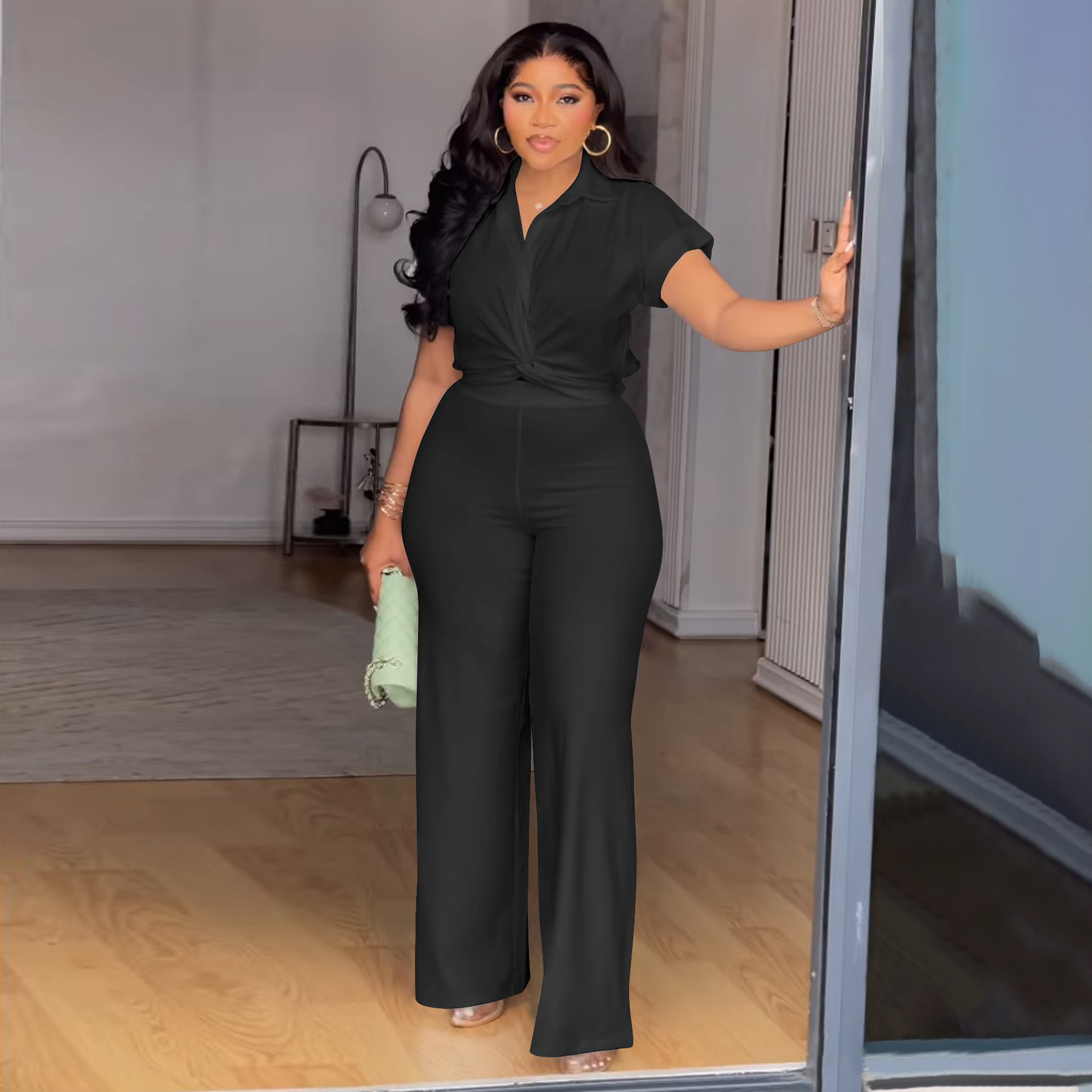 Women's Clothing Plus Size Summer Outfit High Waist Casual Pants & Solid Color Shirt Short Sleeved Two-Piece Set_ecoleips.com