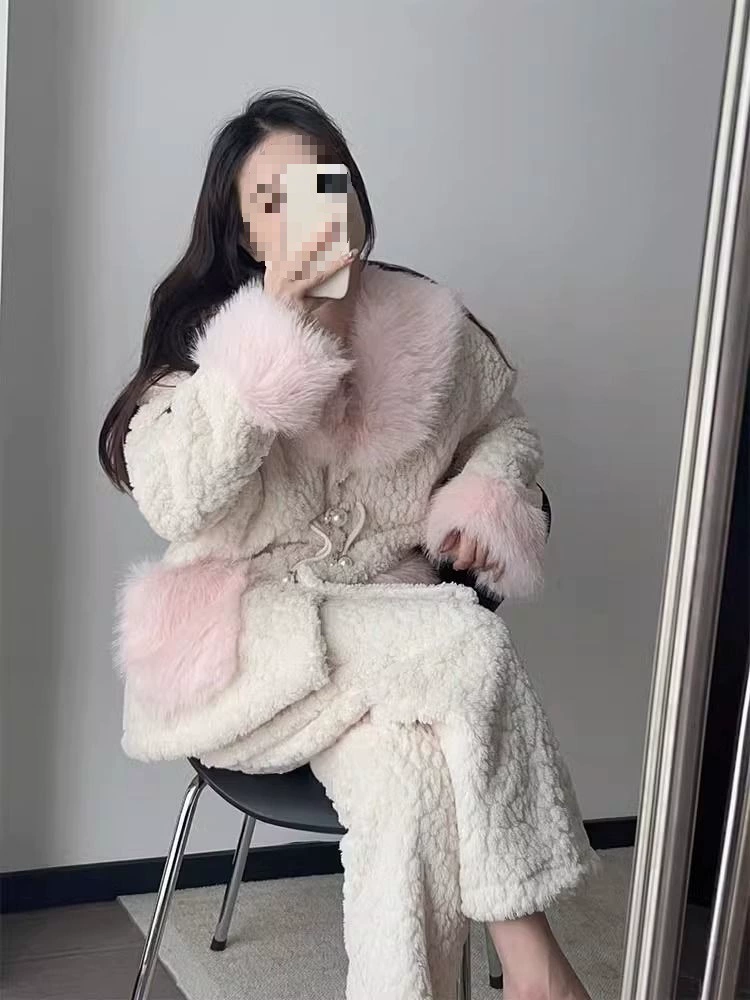 Пижама женский зимний коралловый бархат утолщен и кашель темпераментный шерстяной воротник двусторонний бархат теплая домашняя одежда