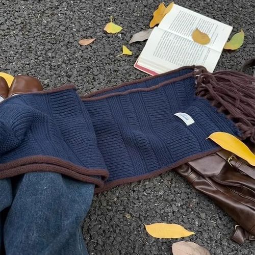 Korean Color Block Knit Scarf Long Wool Fringe Neck Scarf Women Autumn Winter Thick Warm Atmospheric Shawl Trendy