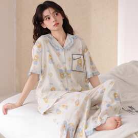 夏季新款云朵棉女短袖阔腿裤开衫翻领睡衣印花休闲女家居服