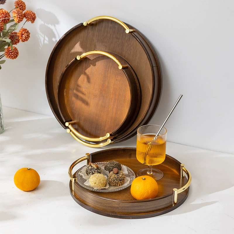 Bamboo serving tray, round with handles, wood‑tone finish, 25/30/35 cm
