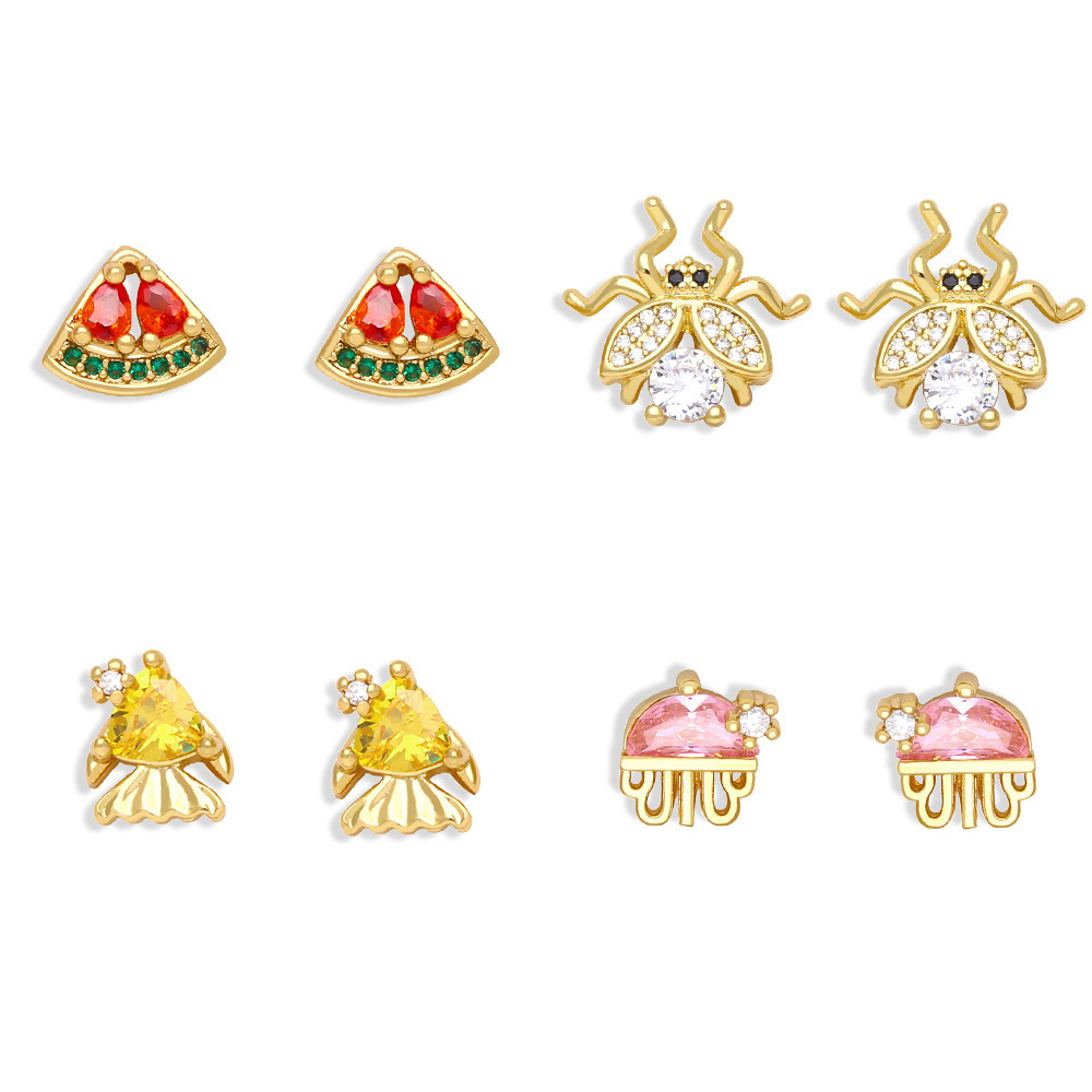 fashion mini insect color zircon copper gold-plated earrings