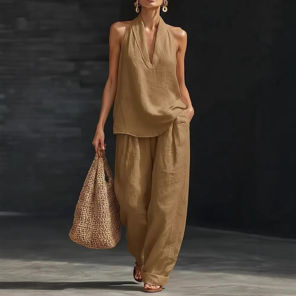 Women's Linen Two-Piece Set Vest And Camisole Office Casual Summer Outfit Breathable Comfort_ecoleips.com