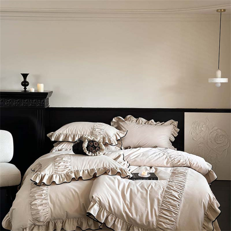 French pleated solid color simple ruffled cotton twill brushed four-piece cream style cotton quilt cover bedding French pleated solid color simple ruffled cotton twill brushed four-piece cream style cotton quilt cover bedding
