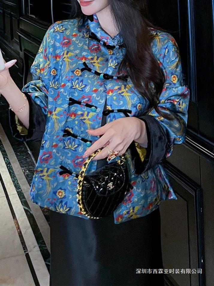 深圳原创南油批发秋冬新款真丝斜纹绸黄色印花立领国风棉服外