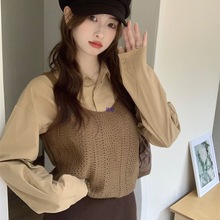 小众潮流秋季韩版减龄纯色翻领长袖衬衫镂空针织吊带背心两件套装