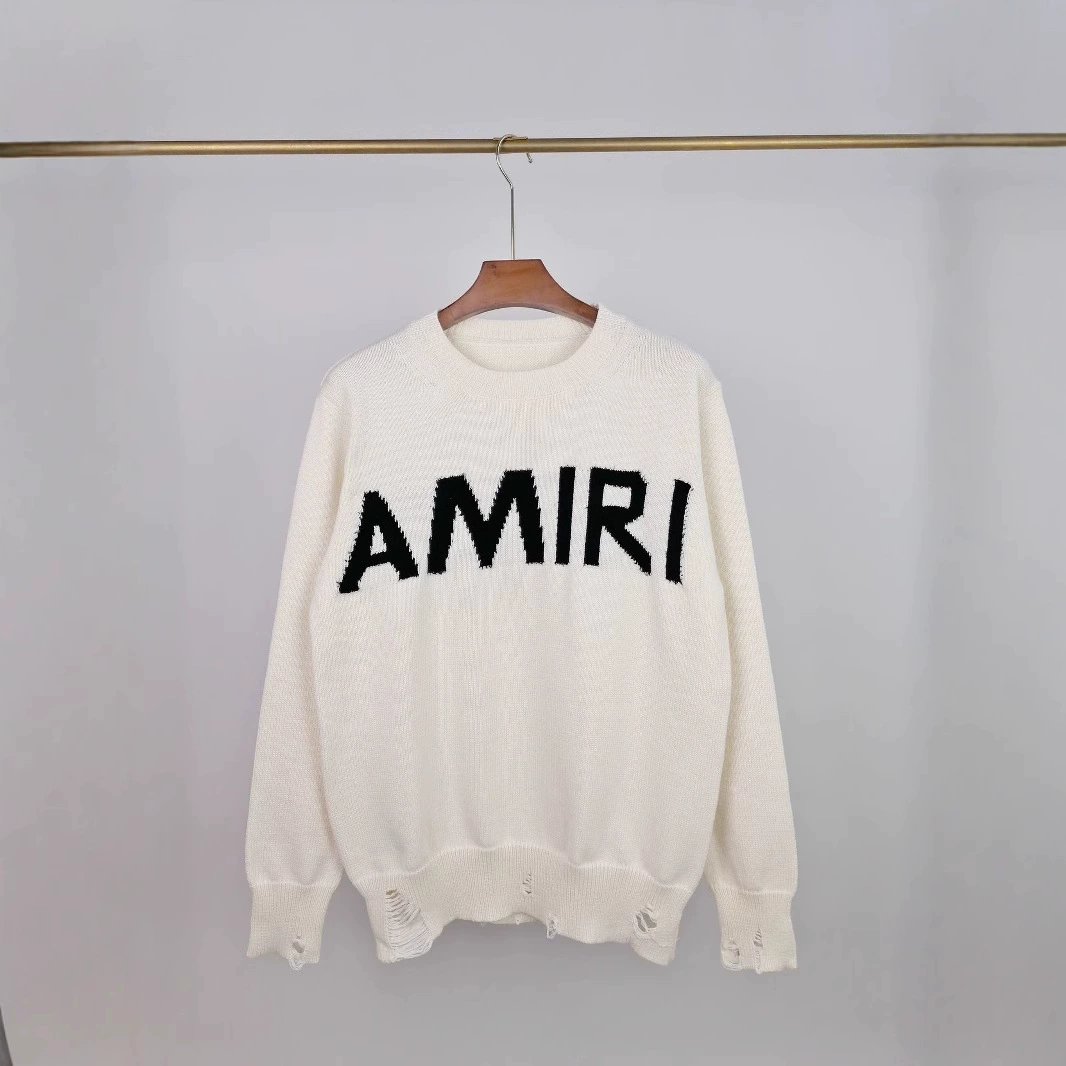 24ss трансграничный стиль бренд AMIRI осень-зима футболка с круглым вырезом для мужчин и женщин, тот же стиль универсальная надпись жаккард бахрома распоротый дырка стиль