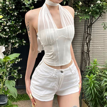 跨境欧美风2025亚马逊夏季新款女装纯色性感挂脖仿鱼骨露脐背心女