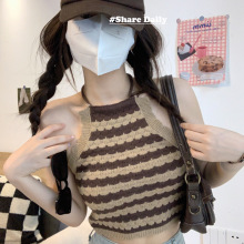 韩版条纹针织背心女内搭夏季2024新款挂脖带条纹辣妹吊带短款上衣