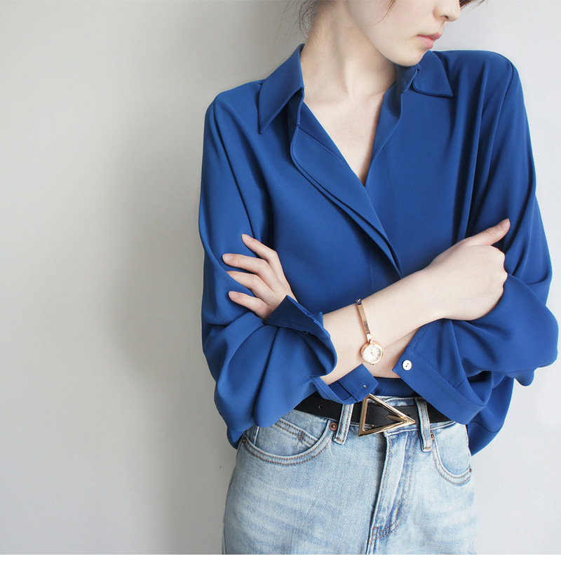 JO-JO-Z click sapphire blue asymmetric V-neck heavy long sleeve shirt shop owner recommend white! Fashionable
