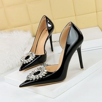 638-K29 Style Banquet Women's Shoes Thin Heel Ultra High Heel Shallow Notch Pointed Patent Leather Side Hollow Water Diamond Buckle Single Shoe