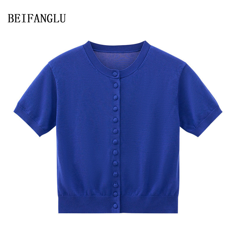 Northern Deer Summer New Style Lyocell Cotton Silk Whitening Klein Blue Knitted Short-Sleeve Cardigan 26551