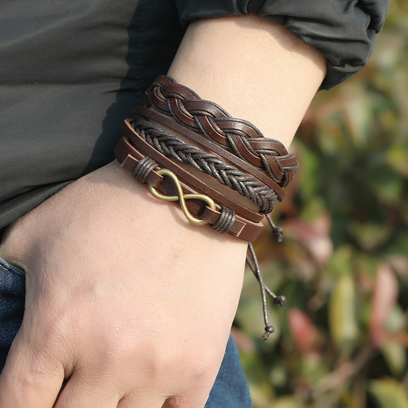 Retro multi-layer braided leather bracelet three-piece set