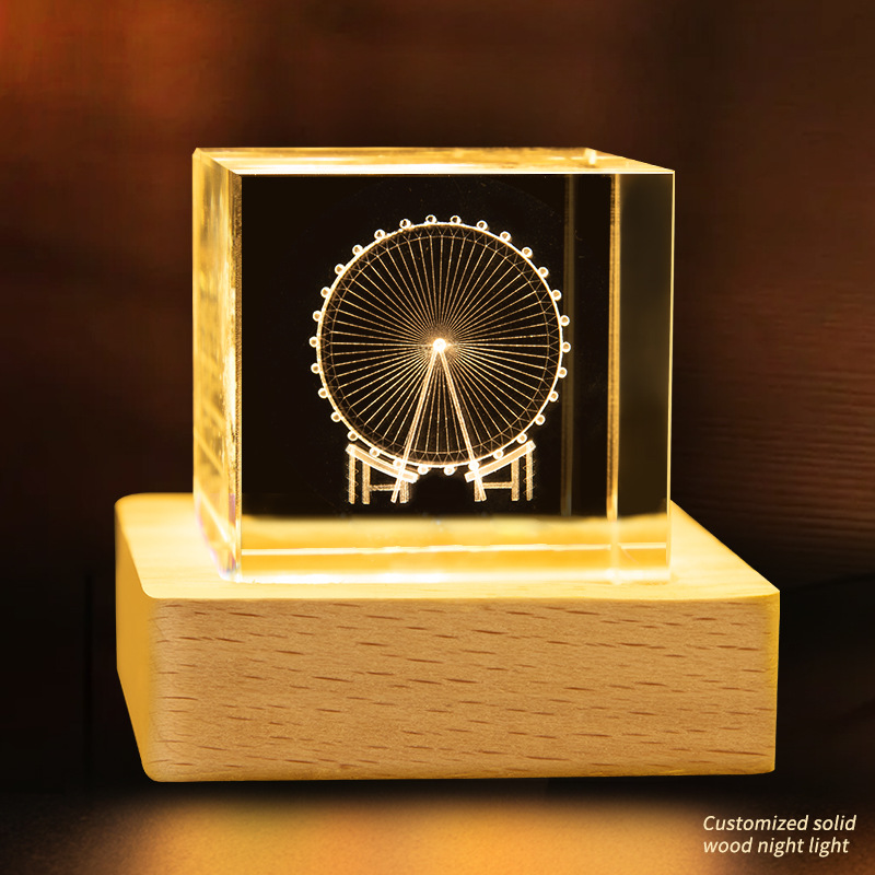 Escultura interior 3D transfronteriza cristal cuadrado luminoso luz nocturna adopción de una nube decoración creativa base de madera decoración decoración de escritorio